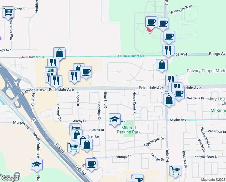map of restaurants, bars, coffee shops, grocery stores, and more near 3308 Windmill Drive in Modesto