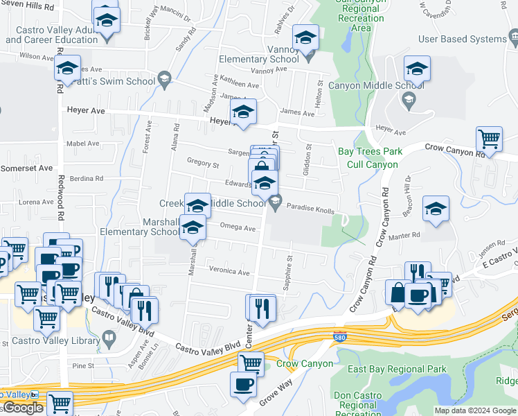 map of restaurants, bars, coffee shops, grocery stores, and more near 19722 Center Street in Castro Valley