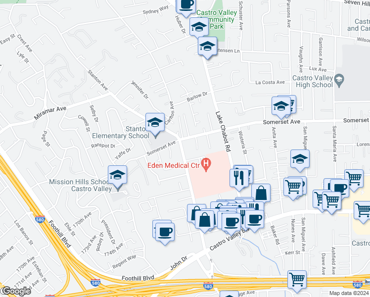 map of restaurants, bars, coffee shops, grocery stores, and more near 19790 Stanton Avenue in Castro Valley