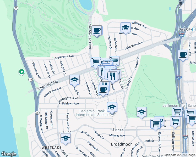 map of restaurants, bars, coffee shops, grocery stores, and more near 100 Belmar Avenue in Daly City