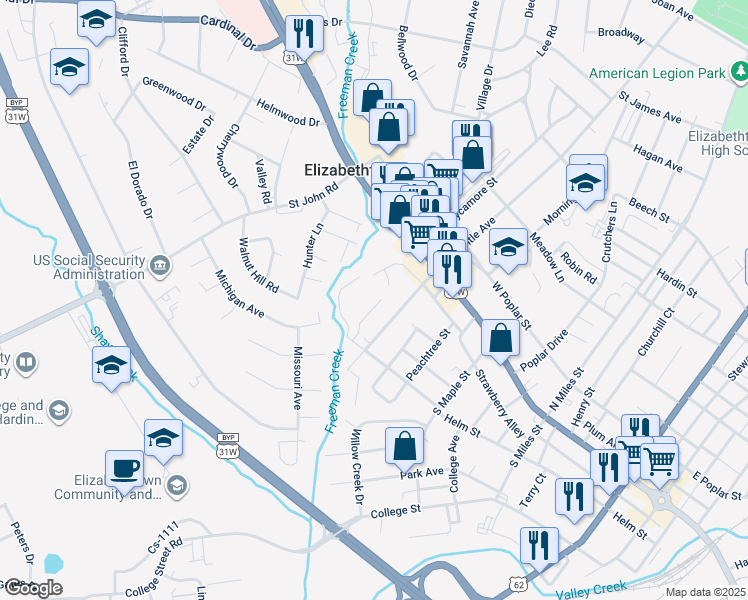 map of restaurants, bars, coffee shops, grocery stores, and more near 100 Penn Crossing Lane in Elizabethtown