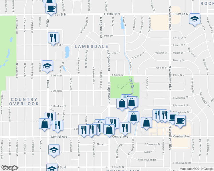 map of restaurants, bars, coffee shops, grocery stores, and more near 909 North Edgemoor Street in Wichita