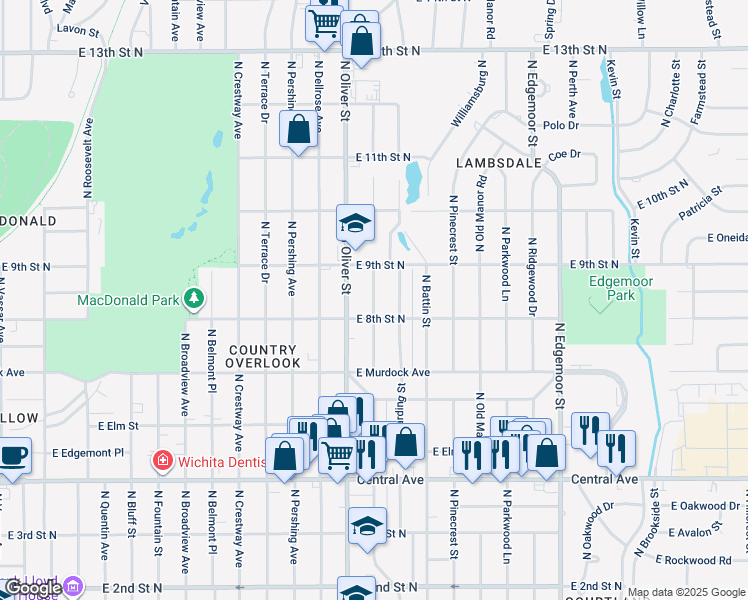 map of restaurants, bars, coffee shops, grocery stores, and more near 903 North Glendale Street in Wichita