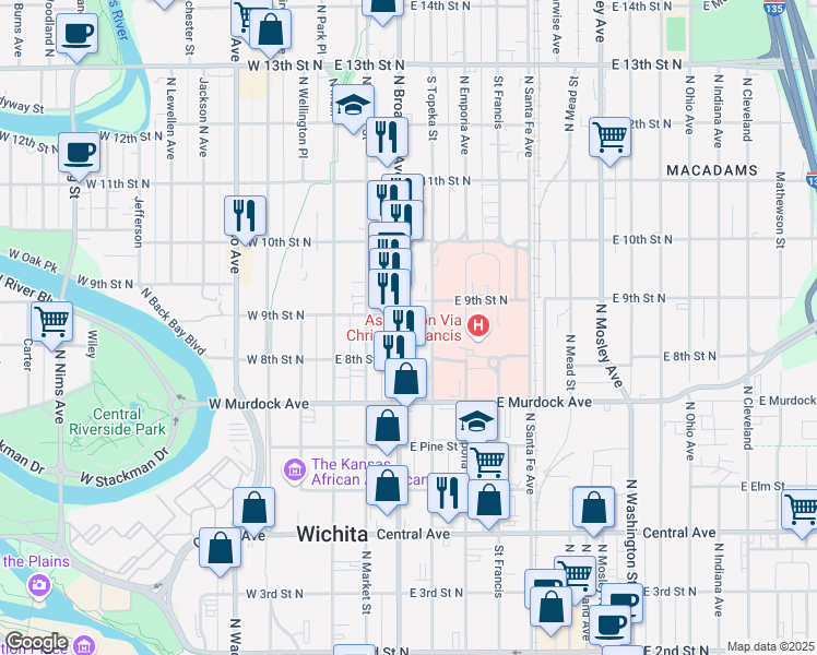 map of restaurants, bars, coffee shops, grocery stores, and more near 918 North Broadway Street in Wichita