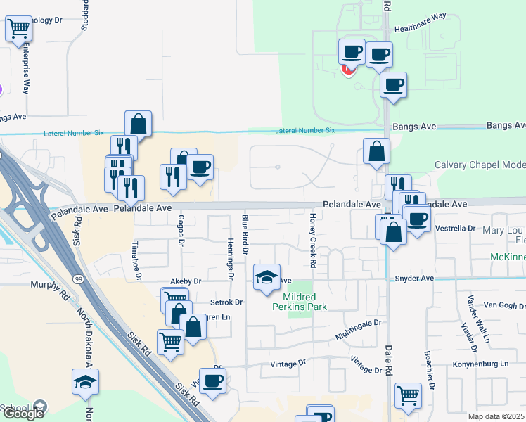 map of restaurants, bars, coffee shops, grocery stores, and more near 3308 Windmill Drive in Modesto