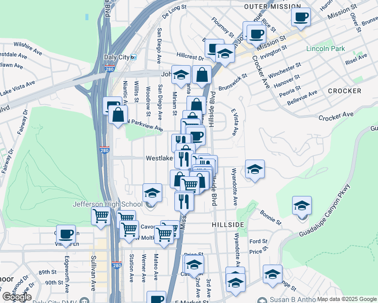 map of restaurants, bars, coffee shops, grocery stores, and more near 85 Westlake Avenue in Daly City
