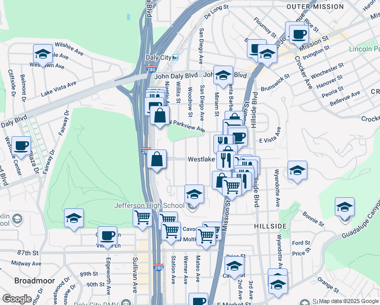 map of restaurants, bars, coffee shops, grocery stores, and more near 269 Willits Street in Daly City