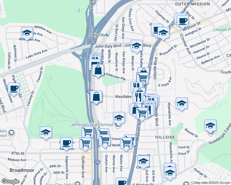 map of restaurants, bars, coffee shops, grocery stores, and more near 269 Willits Street in Daly City