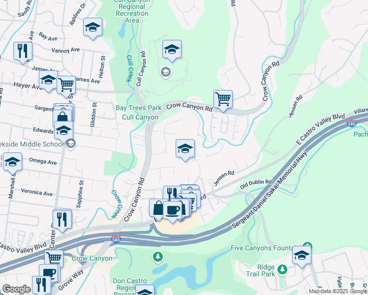 map of restaurants, bars, coffee shops, grocery stores, and more near 21201 Independent School Road in Castro Valley