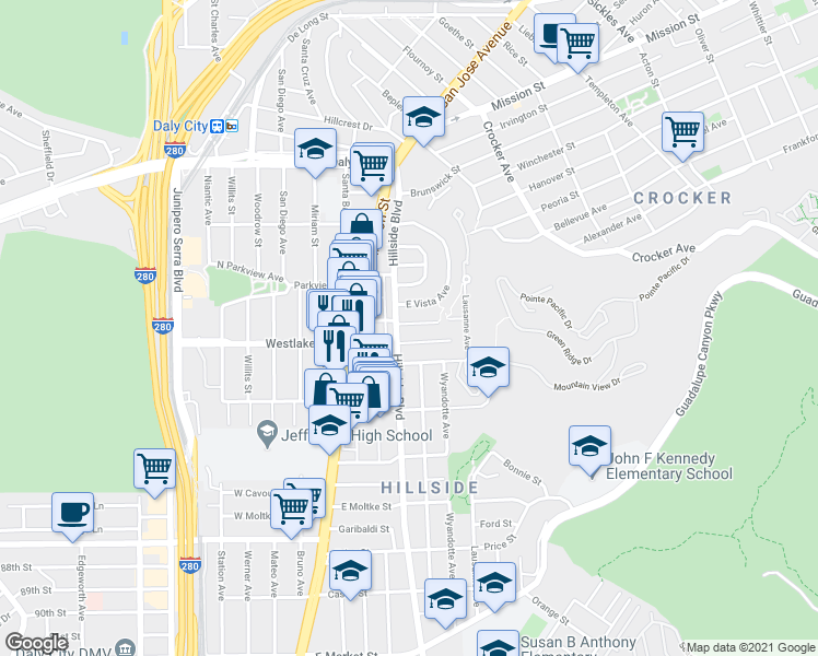 map of restaurants, bars, coffee shops, grocery stores, and more near 18 Garwood Drive in Daly City