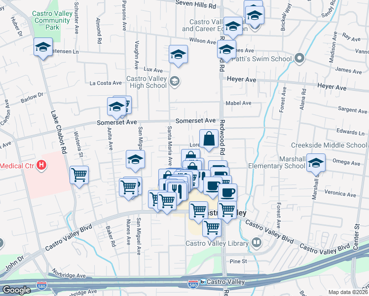map of restaurants, bars, coffee shops, grocery stores, and more near 3635 Lorena Avenue in Castro Valley