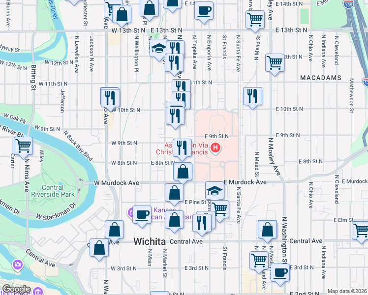 map of restaurants, bars, coffee shops, grocery stores, and more near 918 North Broadway Street in Wichita