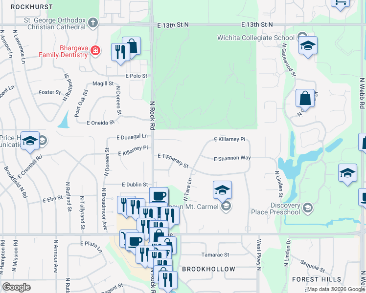 map of restaurants, bars, coffee shops, grocery stores, and more near 8201 Killarney Court in Wichita