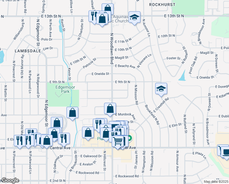 map of restaurants, bars, coffee shops, grocery stores, and more near 6403 Jacqueline Street in Wichita