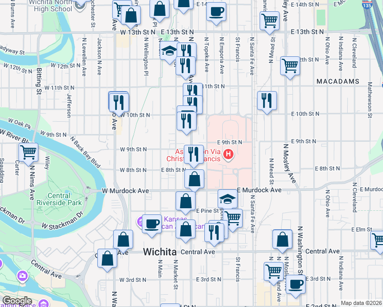 map of restaurants, bars, coffee shops, grocery stores, and more near 918 North Broadway Street in Wichita
