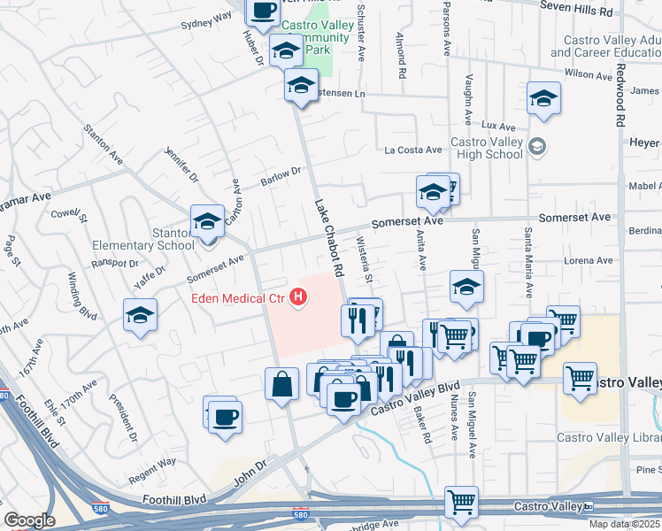 map of restaurants, bars, coffee shops, grocery stores, and more near 19837 Lake Chabot Road in Castro Valley