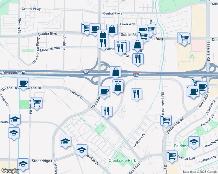 map of restaurants, bars, coffee shops, grocery stores, and more near 4525 Rosewood Drive in Pleasanton