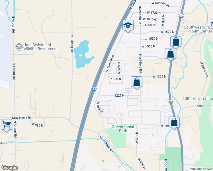 map of restaurants, bars, coffee shops, grocery stores, and more near 1264 North Cedar Boulevard in Cedar City