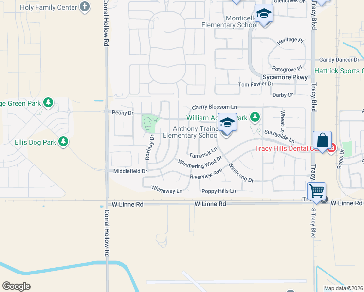 map of restaurants, bars, coffee shops, grocery stores, and more near 4371 Cherry Blossom Lane in Tracy