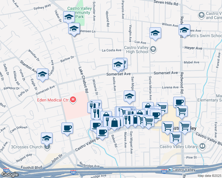 map of restaurants, bars, coffee shops, grocery stores, and more near 20014 Anita Avenue in Castro Valley