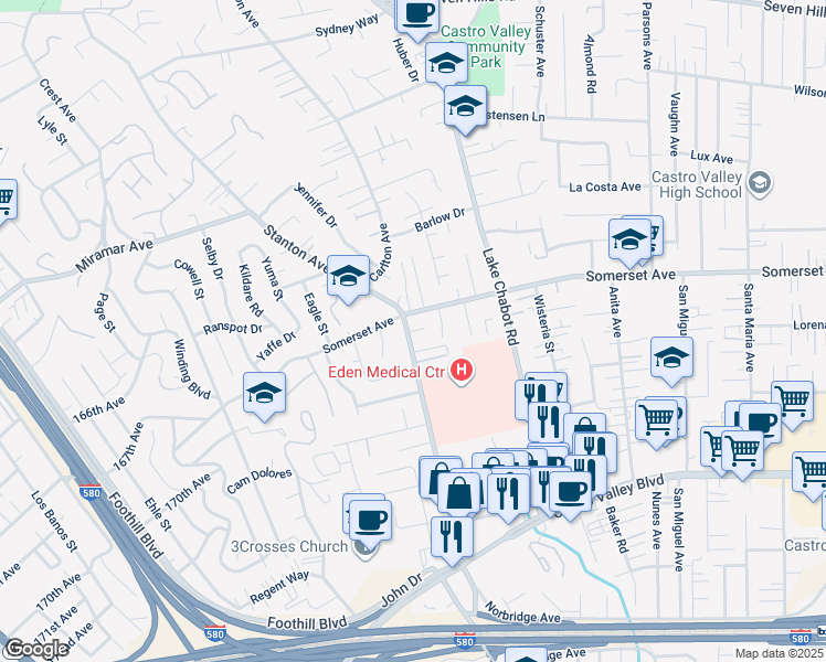 map of restaurants, bars, coffee shops, grocery stores, and more near 19790 Stanton Avenue in Castro Valley