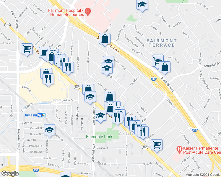 map of restaurants, bars, coffee shops, grocery stores, and more near 16056 Mateo Street in San Leandro