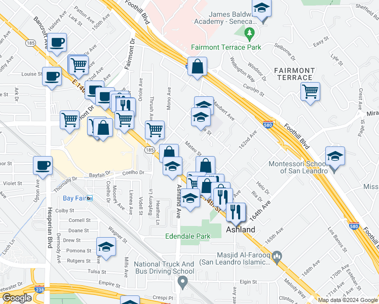map of restaurants, bars, coffee shops, grocery stores, and more near 16005 Mateo Street in San Leandro