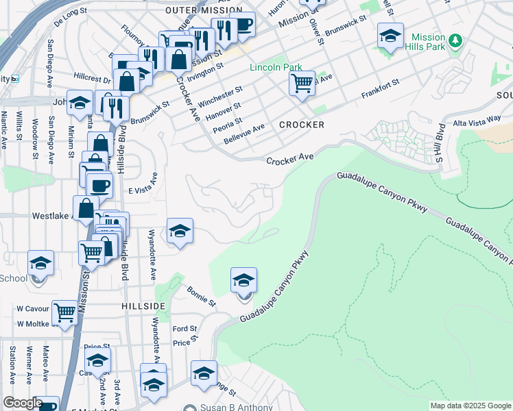 map of restaurants, bars, coffee shops, grocery stores, and more near 671 Pointe Pacific Drive in Daly City