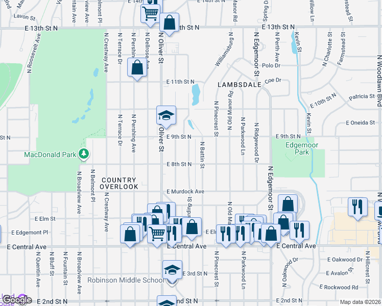map of restaurants, bars, coffee shops, grocery stores, and more near 910 Harding Street in Wichita