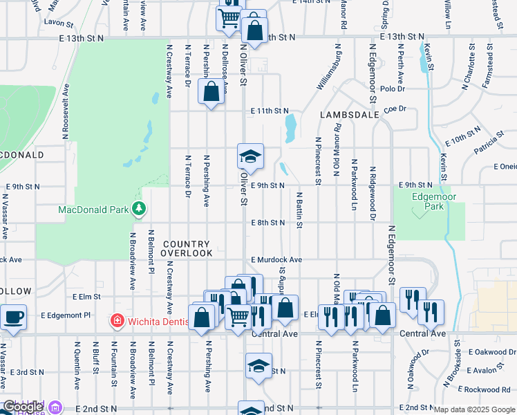 map of restaurants, bars, coffee shops, grocery stores, and more near 903 North Glendale Street in Wichita