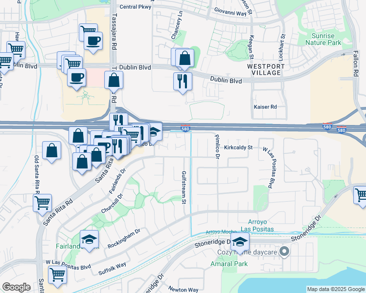 map of restaurants, bars, coffee shops, grocery stores, and more near 3732 Thistle Way in Pleasanton