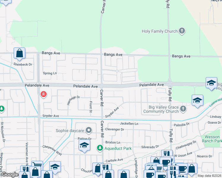 map of restaurants, bars, coffee shops, grocery stores, and more near 1612 Rose Garden Court in Modesto