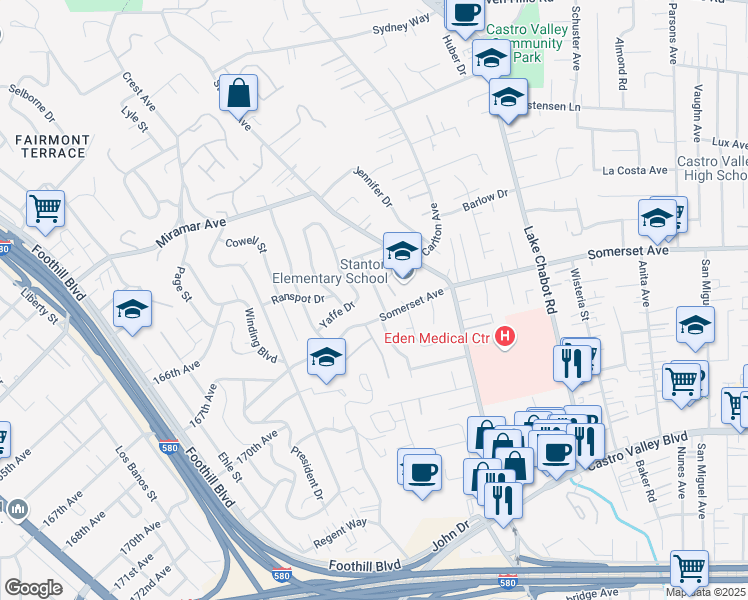 map of restaurants, bars, coffee shops, grocery stores, and more near 19565 Eagle Street in Castro Valley