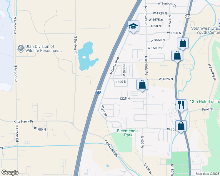 map of restaurants, bars, coffee shops, grocery stores, and more near 1288 North Cedar Boulevard in Cedar City