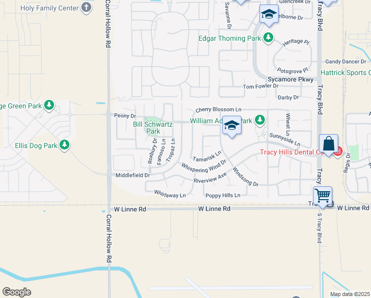 map of restaurants, bars, coffee shops, grocery stores, and more near 4312 Middlefield Drive in Tracy