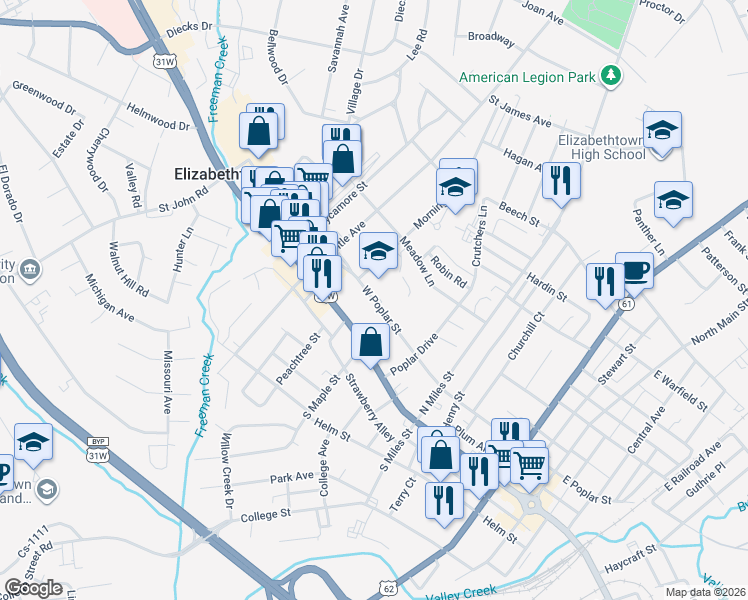 map of restaurants, bars, coffee shops, grocery stores, and more near West Poplar Street in Elizabethtown