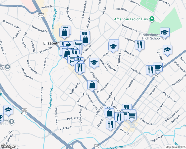 map of restaurants, bars, coffee shops, grocery stores, and more near West Poplar Street in Elizabethtown