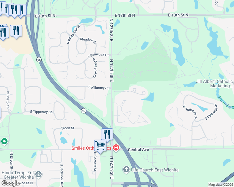 map of restaurants, bars, coffee shops, grocery stores, and more near 827 N 127th St E in Wichita