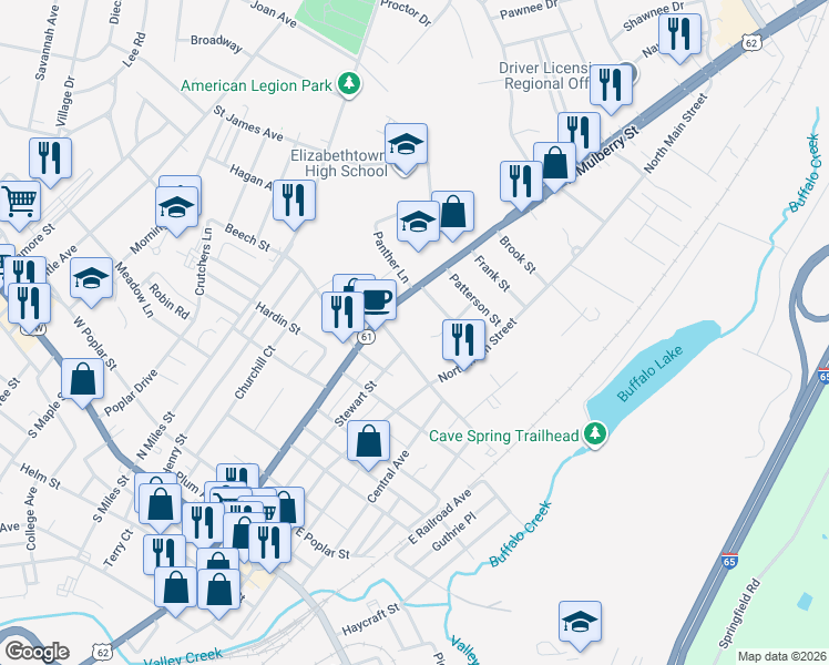 map of restaurants, bars, coffee shops, grocery stores, and more near 113 West Williams Street in Elizabethtown