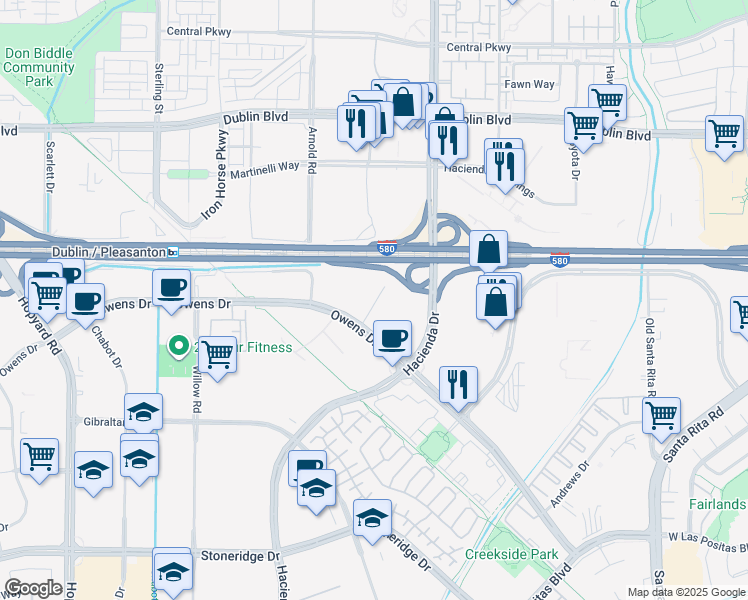 map of restaurants, bars, coffee shops, grocery stores, and more near 5815 Owens Drive in Pleasanton