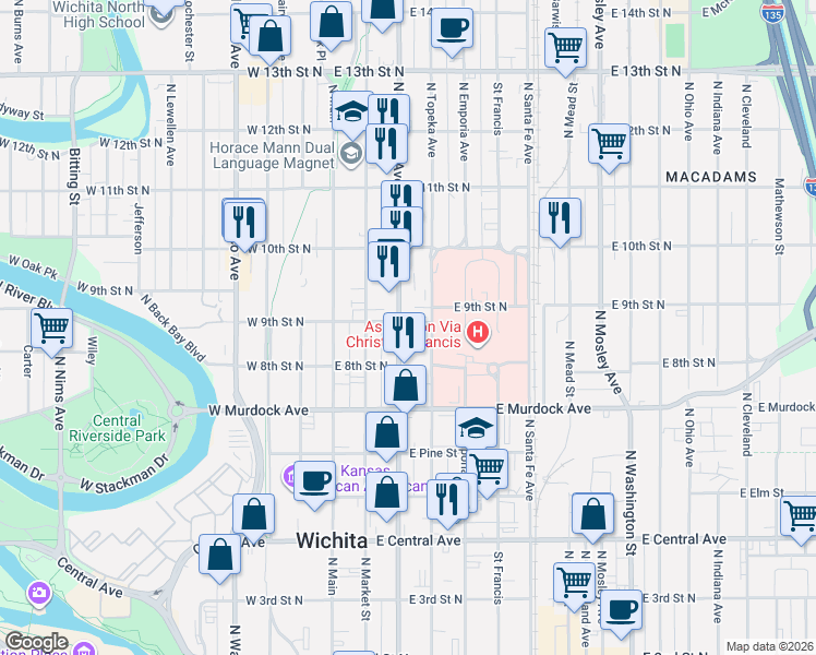 map of restaurants, bars, coffee shops, grocery stores, and more near 918 North Broadway Street in Wichita
