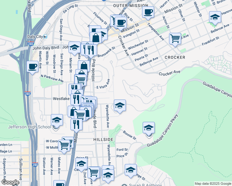 map of restaurants, bars, coffee shops, grocery stores, and more near 85 Lausanne Avenue in Daly City