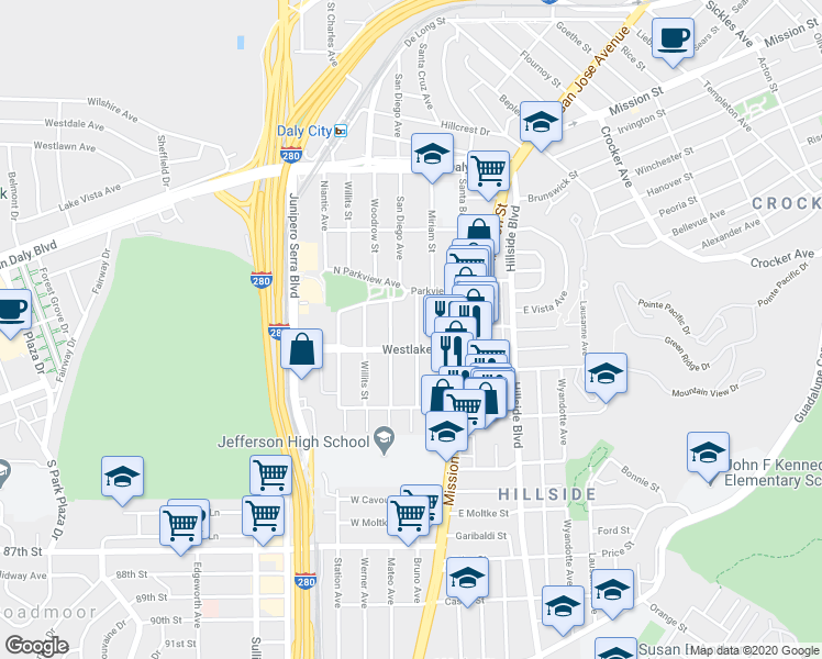 map of restaurants, bars, coffee shops, grocery stores, and more near 598 San Diego Avenue in Daly City