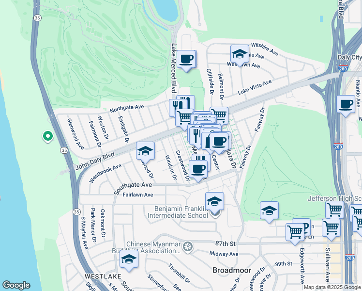 map of restaurants, bars, coffee shops, grocery stores, and more near 61 Crestwood Drive in Daly City