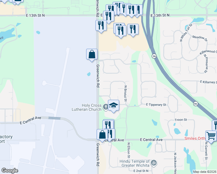 map of restaurants, bars, coffee shops, grocery stores, and more near 818 North Crest Street in Wichita