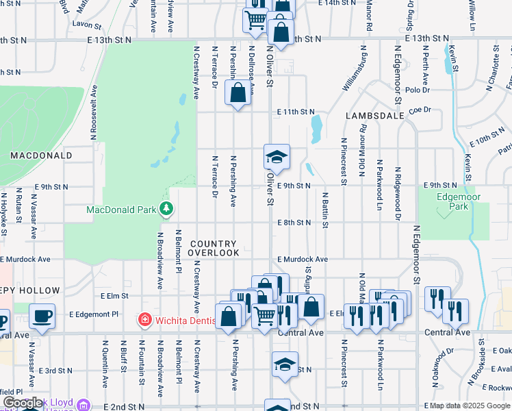 map of restaurants, bars, coffee shops, grocery stores, and more near 905 North Oliver Street in Wichita