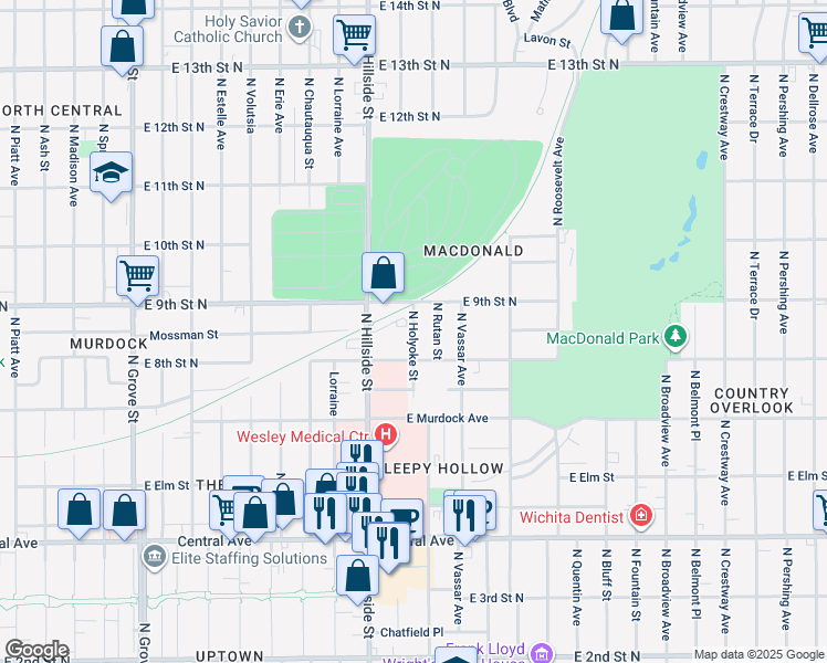 map of restaurants, bars, coffee shops, grocery stores, and more near 3244 Country Club Place in Wichita