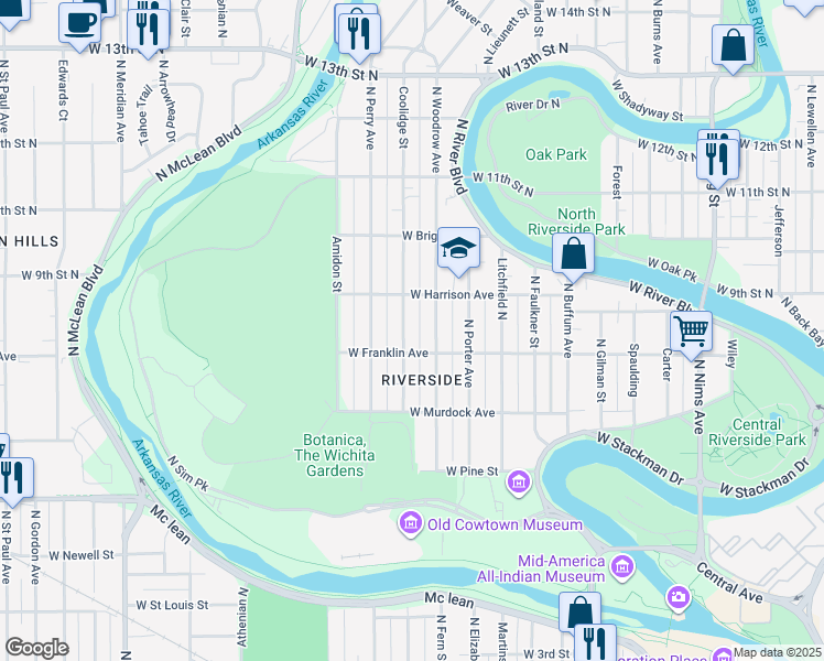 map of restaurants, bars, coffee shops, grocery stores, and more near 903 Coolidge Street in Wichita