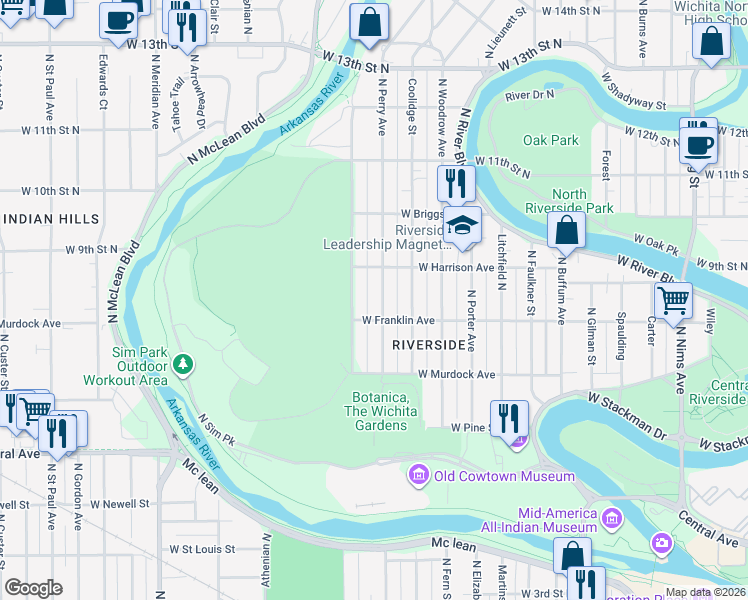 map of restaurants, bars, coffee shops, grocery stores, and more near 1900 Franklin Street in Wichita