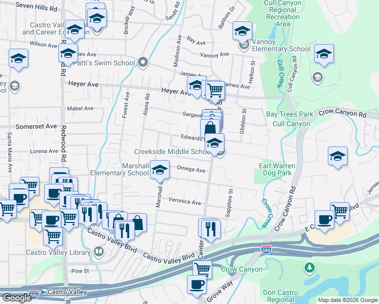 map of restaurants, bars, coffee shops, grocery stores, and more near 4311 Circle Avenue in Castro Valley